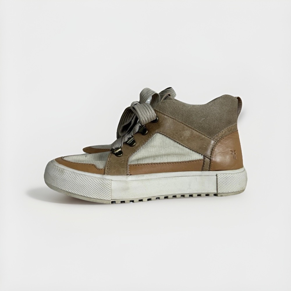 Frye Gia Lug Trail Sneaker Tan Leather Canvas High Top Shoes 6.5 Minimalist Chic - Picture 5 of 9